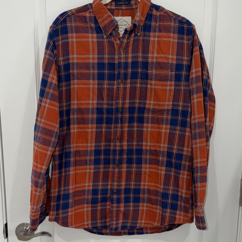 St. John’s Bay Orange and blue Plaid Cotton Button-Down Shirt flannel size small